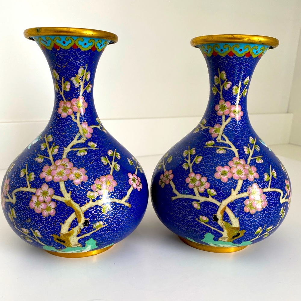 Pair of Vintage Matching Blue Chinese Cloisonné Brass Vases